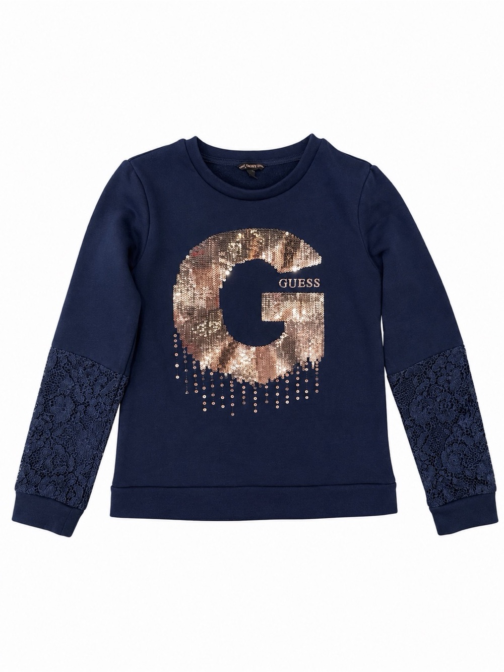 Guess Girls Navy Sequin Logo Sweatshirt Lace Sleeve Size 10